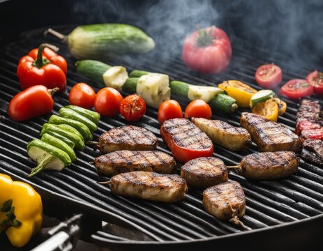 Bar-B-Q delicious grilled meat with vegetables on barbecue grill with smoke , pock meat skewe.