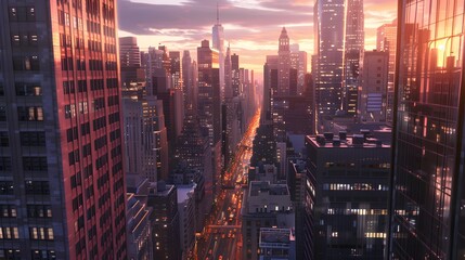 Fototapeta premium A dazzling cityscape at night, skyscrapers pierce a vibrant twilight sky