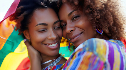 Two women sharing a tender moment wrapped in a rainbow flag