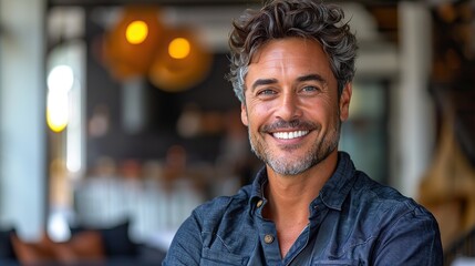 Obraz premium confident businessman with short dark hair smiles in a casual headshot portrait.illustration
