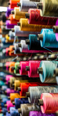 Colorful Threads on Spools in Sewing Workshop  Textiles, Crafts, and Fabric Supplies for Tailoring