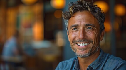 Fototapeta premium confident businessman with short dark hair smiles in a casual headshot portrait.illustration