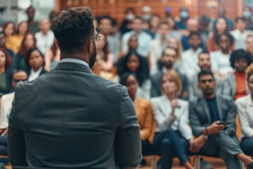 Employees attending corporate business training or seminar. Professional business coach speaking for multiethnic people in modern spacious office interior. Diverse audience, back view from behind