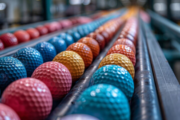 Colorful Array of Golf Balls in a Factory Production Line