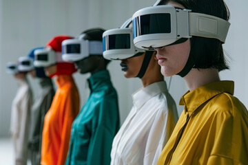 Futuristic Group Diversity Wearing VR Headsets in Modern Minimalist Setting