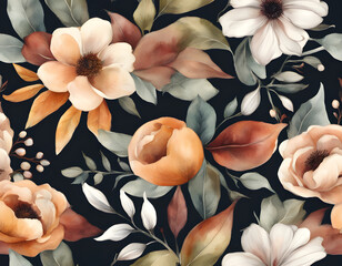 Beautiful horizontal floral seamless pattern with hand drawn watercolor autumn fall colors flowers.