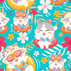 seamless pattern cute little cat cartoon In bright and cheerful clothes in summer festival. vector illustration.
