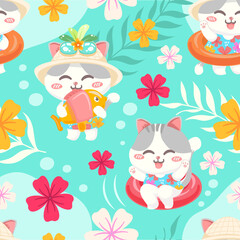 seamless pattern cute little cat cartoon In bright and cheerful clothes in summer festival. vector illustration.
