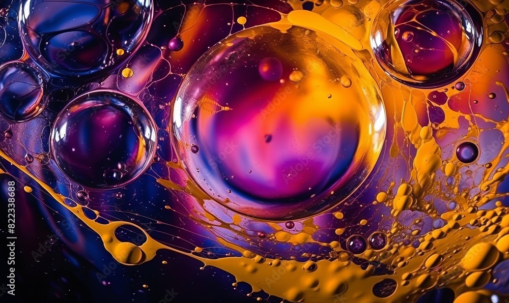 Poster purple and yellow soap bubbles in paint create an abstract design suitable for a colorful background