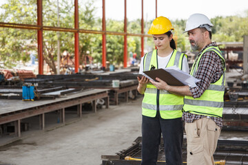 Engineer team discuss and examine a building construction.