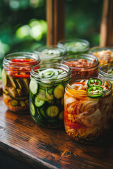 Assorted Homemade Pickled Vegetables in Glass Jars on Wooden Table