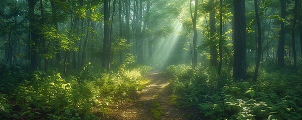 Obraz premium Sunlight filtering through a dense woodland trail Generative AI image