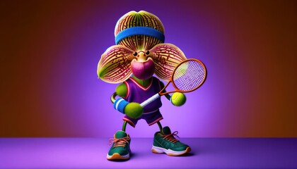 a Paphiopedilum orchid playing tennis, isolated on a purple background.