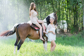Elegant girls with a horse. Two Girls in a summer field with horses.