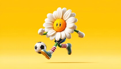 Show a daisy playing soccer, isolated on a yellow background.