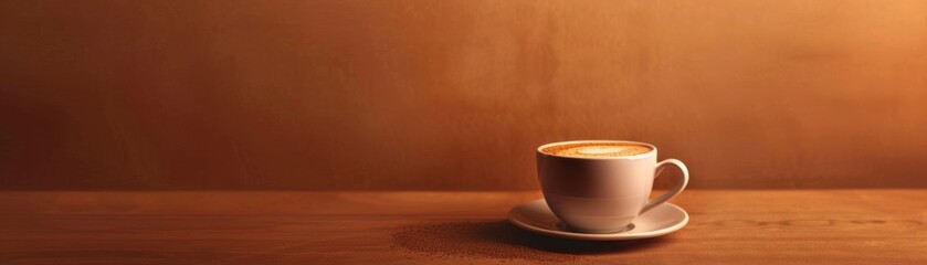 Obraz premium A warm cup of coffee sits on a wooden table with a cozy, brown background, evoking a sense of calm and relaxation.