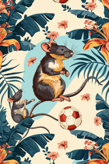 Seamless Pattern with Funny Rats Playing Football and Relaxing on Tropical Beach Resort, Vacation Texture
