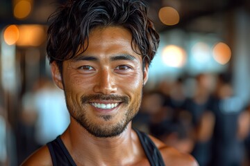 Fototapeta premium smiling portrait featuring a cheerful young male Asian fitness instructor in an indoor gym fitness center. His positive demeanor radiates enthusiasm and motivation.