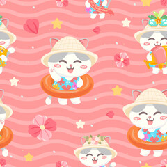 seamless pattern cute little cat cartoon In bright and cheerful clothes in summer festival. vector illustration.