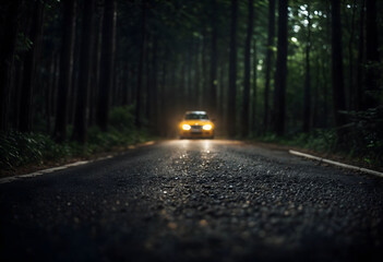 Obraz premium Mysterious Journey: Car Headlights Piercing Through Forest Darkness