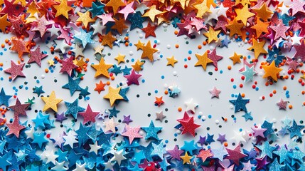 A playful mix of star-shaped confetti in various colors, scattered across a white background, evoking a joyful and whimsical atmosphere