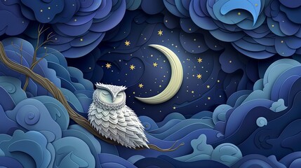 A mystical night sky with layered stars, a crescent moon, and a sleepy owl on a branch, all in papercut style