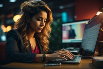 female accountant typing on laptop making financial report