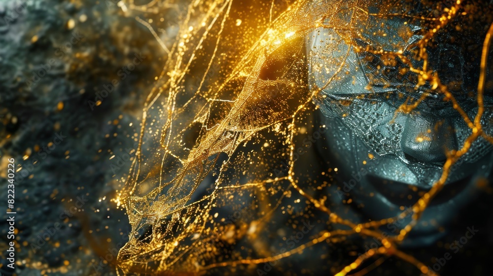 Poster close-up of a golden web-like structure enveloping a dark textured background, imparting a mysteriou