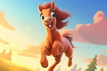cute cartoon horse is jumping high in the air
