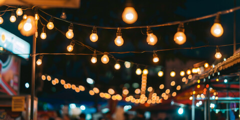 Vibrant Night Market with String Lights and Food Stalls Creating a Festive Atmosphere