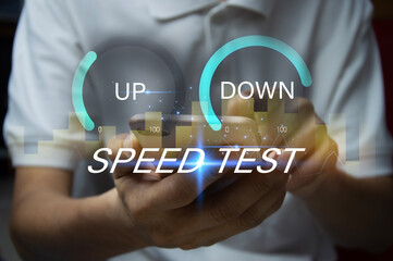 fast internet connection speedtest network bandwidth technology Man using high speed internet with smartphone and laptop computer. 5G quality, speed optimization.