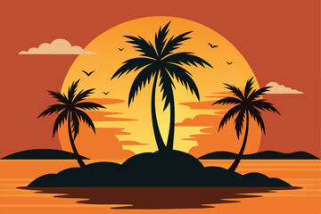 Vector of Palm Trees on and Island at Sunset design