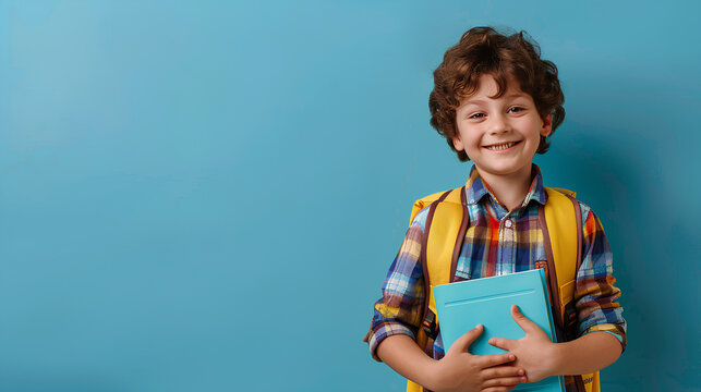 A happy boy with school supplies on a blue background, a place for text.