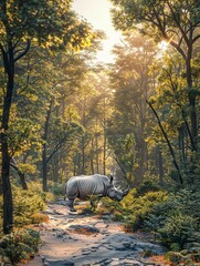 Forest path with walking rhino flat design front view conservation theme 3D render Triadic Color Scheme