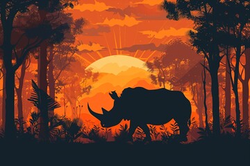 Elegant rhino silhouette in the forest flat design side view natural habitat theme cartoon drawing Analogous Color Scheme