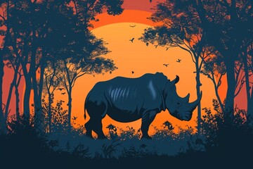 Rhino silhouette in the forest flat design side view natural habitat theme cartoon drawing Analogous Color Scheme