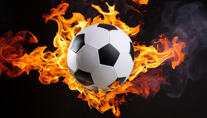 Fototapeta premium A soccer ball is on fire and surrounded by flames