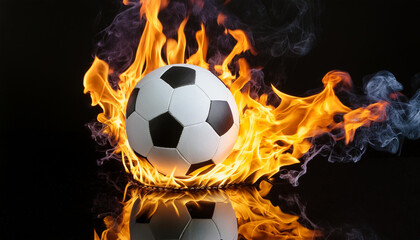 A soccer ball is on fire and surrounded by flames