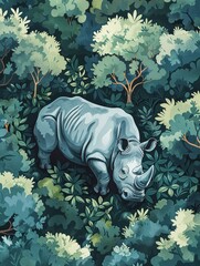 Rhino among forest trees flat design top view wilderness theme watercolor Monochromatic Color Scheme