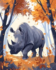 Quiet rhino walk in the forest flat design front view peaceful theme animation Tetradic color scheme