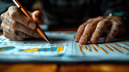 analysts in the workplace are studying financial data for marketing strategy at the workspace and there is a stack of bi dashboard paper format with graphs and charts.stock photo