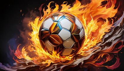 A soccer ball is on fire and surrounded by flames