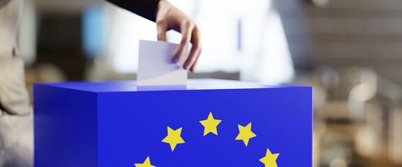 Elections in Europe concept. A hand throwing a sheet of paper into a box with the European flag....