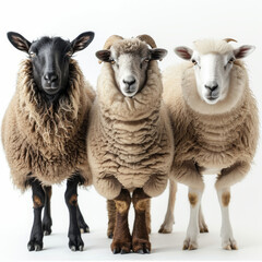 Obraz premium A sheep, a camel, and a goat, full, on white background. Generative AI.