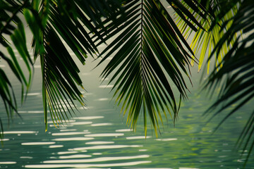 Tropical Palm Fronds with Serene Water Background in Soft Light Atmosphere