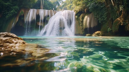 A majestic waterfall cascades into a tranquil pool surrounded by lush greenery and rocks in a tropical forest setting.