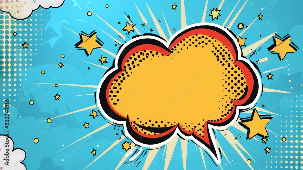 Poster an empty speech bubble with space for text, dots, stars, and clouds. retro pop art style and halfton