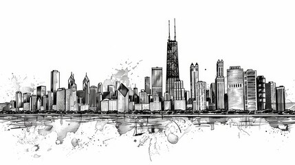 Ink drawing. Chicago skyline panorama. Black/white. Detailed ink look and feel.