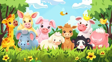 Animals in a funny farm cartoon group. Modern illustration.