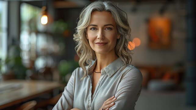 successful and confident senior businesswoman ceo boss bank employee worker and manager with arms crossed.stock photo